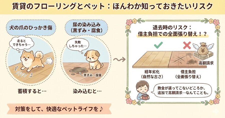 犬が走った時の「爪のひっかき傷」
トイレを失敗した時の「尿の染み込み(黒ずみ・腐食)」
インフォグラフィック