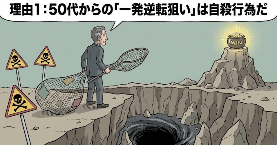 理由1：50代からの「一発逆転狙い」は自殺行為だ

上記見出しのイラスト画像