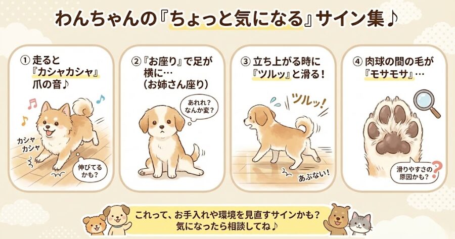 [ ] 犬が走ると「カシャカシャ」と爪の音がする

[ ] 「お座り」をした時、足が横に流れている（お姉さん座り）

[ ] 立ち上がる時に、後ろ足がツルッと滑っている

[ ] 肉球の間の毛が伸びて、肉球を覆っている
インフォグラフィック