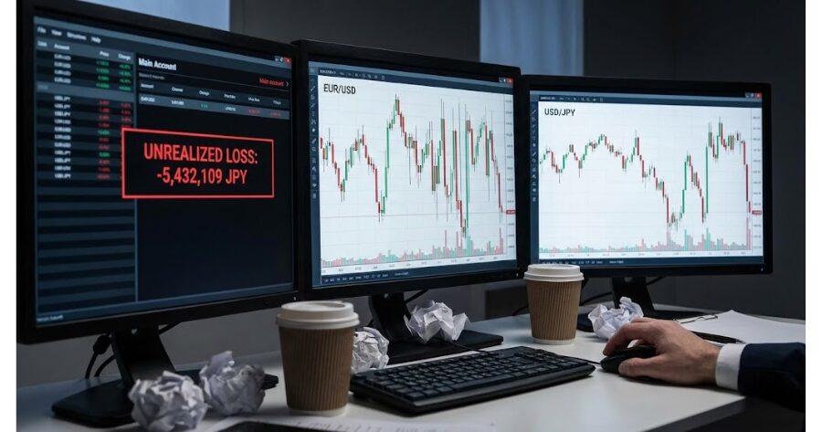 チャートが急激に乱高下して、大きな含み損が出ている取引画面のイメージ画像