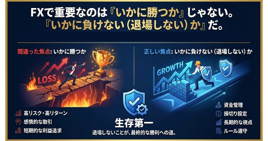 FXで重要なのは「いかに勝つか」じゃない。「いかに負けない（退場しない）か」だ。
インフォグラフィック