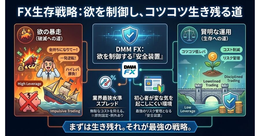 低レバでコツコツやるなら、取引コストは少しでも安い方がいい。DMM FXはスプレッドが業界最狭水準だから、無駄なコストを抑えられる。（※スプレッドは原則固定・例外あり）

「金持ちになりてー！」という欲は否定しない。俺だってそうだ。

だが、その欲をコントロールできなければ、FXの世界では生き残れない。 DMM FXは、その欲をコントロールするための「安全装置」なんだ。

初心者が変な気を起こしにくい環境こそが、最強のリスク管理になる。
インフォグラフィック