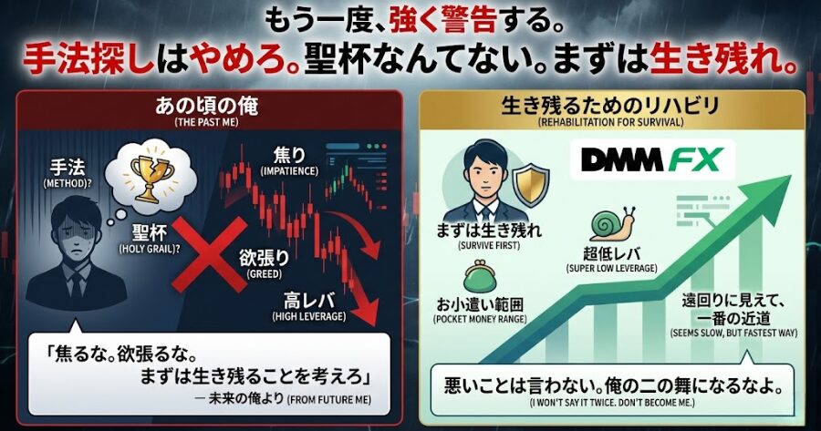 もう一度、強く警告する。

手法探しはやめろ。聖杯なんてない。 まずは生き残れ。

あの頃の俺に言ってやりたい。

「焦るな。欲張るな。まずは生き残ることを考えろ」

悪いことは言わない。

まずはDMM FXで、超低レバでお小遣い範囲からリハビリしてみろ。 それが遠回りに見えて、一番の近道だ。

俺の二の舞になるなよ。
インフォグラフィック
