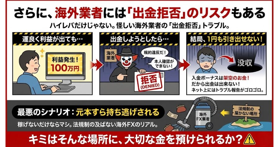 さらに、海外業者には「出金拒否」のリスクもある
ハイレバだけじゃない。海外の怪しい業者でよく聞くのが「出金拒否」のトラブルだ。
運良く利益が出たとしても、いざ出金しようとしたら「規約違反だ」「本人確認ができない」と難癖をつけられて、結局1円も引き出せない。
入金ボーナスは架空のお金!だから出金は出来ない!
そんな話がネット上にはゴロゴロ転がっている。
稼げないだけならまだマシだ。預けた元本すら持ち逃げされる可能性がある。 それが、法規制の届かない海外FXのリアルだ。
キミはそんな場所に、大切な金を預けられるか?
インフォグラフィック画像
