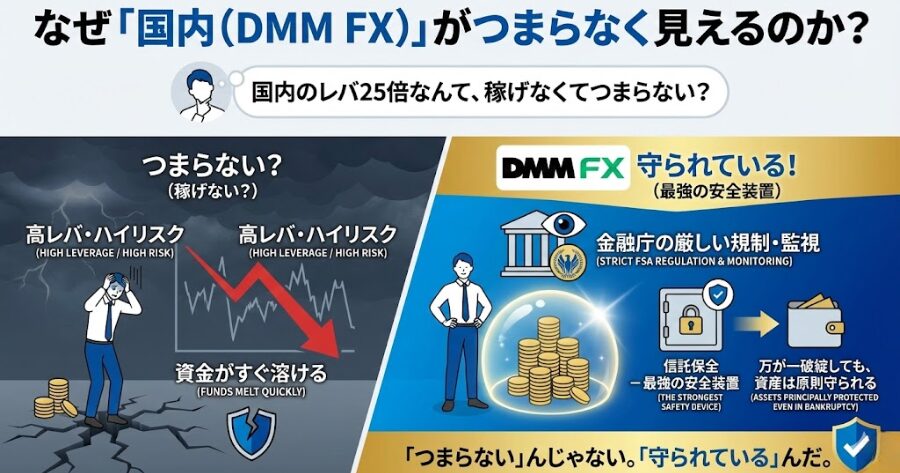 なぜ「国内(DMM FX)」がつまらなく見えるのか
キミはこう思ってるかもしれない。
「国内のレバ25倍なんて、稼げなくてつまらない」
だが、それは大きな間違いだ。
それは「つまらない」んじゃない。「守られている」んだ。
国内のFX業者は、金融庁の厳しい規制と監視下にある。 そして何より重要なのが、「信託保全」だ。
これは、万が一FX会社が潰れても、アンタが預けた資産は原則として守られるという仕組みだ。 これは日本の法律で義務付けられている、最強の安全装置なんだ。
インフォグラフィック画像