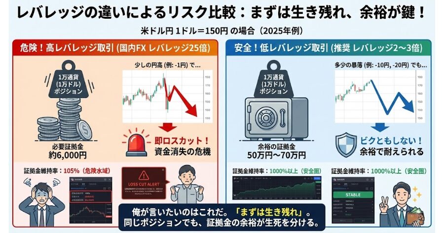 レバレッジの違いによるリスクを比較した簡単な図解や、余裕のある証拠金維持率の取引画面イメージ例えば、米ドル円が1ドル=150円の時を考えてみよう。(※2025年時点のレート例) 国内FXなら、レバレッジ25倍を使えば約6,000円の証拠金で1万通貨(1万ドル)を持てる。
だが、これは危険だ。少し円高に振れただけで即ロスカットになる。
俺が言いたいのは、同じ1万通貨を持つために、あえて50万円〜70万円くらいの証拠金を入れておくんだ。 そうすれば、レバレッジは2〜3倍程度に収まる。これなら、多少の暴落が来てもビクともしない。
インフォグラフィック画像