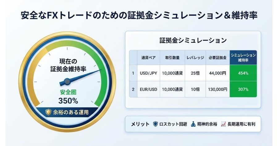 証拠金シミュレーションの表や、余裕のある証拠金維持率
図表