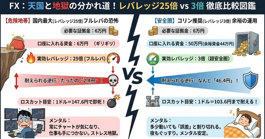 項目①国内最大（レバレッジ25倍）②コリン推奨（レバレッジ3倍）必要な証拠金6万円6万円口座に入れる資金6万円ギリギリ50万円（余裕資金44万円）実効レバレッジ25倍（フルレバ）3倍（超安全圏）耐えられる逆行たったの「2.4円」なんと「46.4円」ロスカット目安1ドル=147.6円で即死1ドル=103.6円まで耐えるメンタル常にチャートが気になり、仕事も手につかない。多少動いても「誤差」と割り切れる。夜もぐっすり。
上記表についてインフォグラフィック