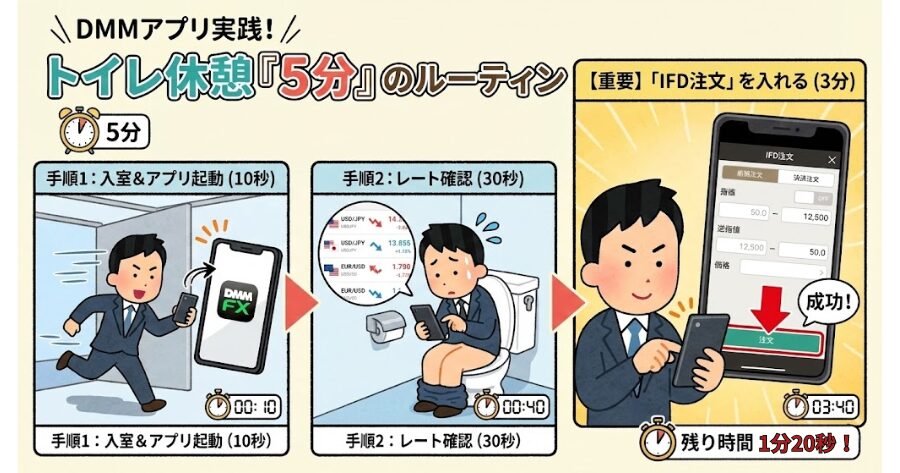 「DMMのスマホアプリ」
実践！トイレ休憩「5分」のルーティン
手順1：入室＆アプリ起動（所要時間：10秒）手順2：レート確認（所要時間：30秒）手順3：【重要】「IFD注文（イフダン）」を入れる（所要時間：3分）
イラスト