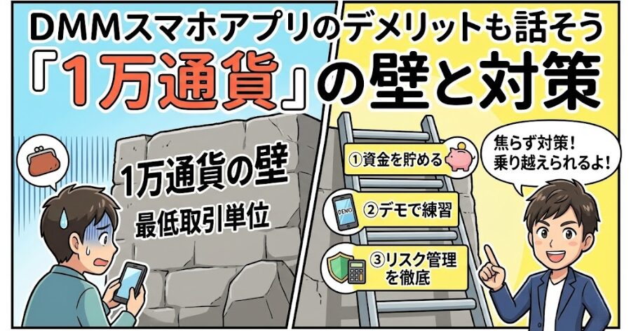 「DMMのスマホアプリ」
デメリットも話そう。「1万通貨」の壁と対策
上記についてイラスト