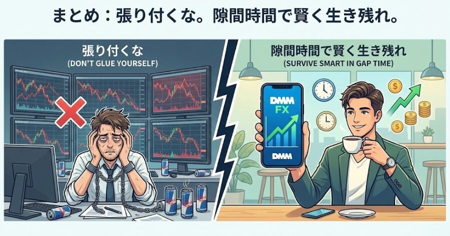 「DMMのスマホアプリ」
まとめ：張り付くな。隙間時間で賢く生き残れ。
上記についてイラスト