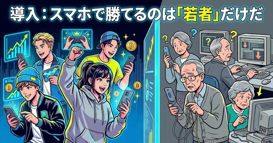 導入：スマホで勝てるのは「若者」だけだ
上記について読者を引き付けるイラスト画像
