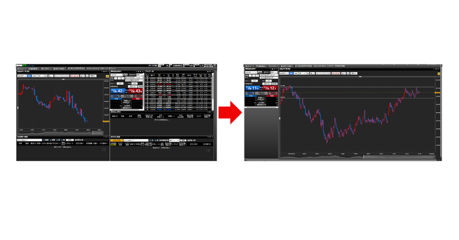 画像挿入指示: PC画面全体のスクショ。左側にデフォルトのごちゃごちゃした「DMM FX PLUS」の画面、右側にこれから作る「スッキリした画面」を並べた比較画像