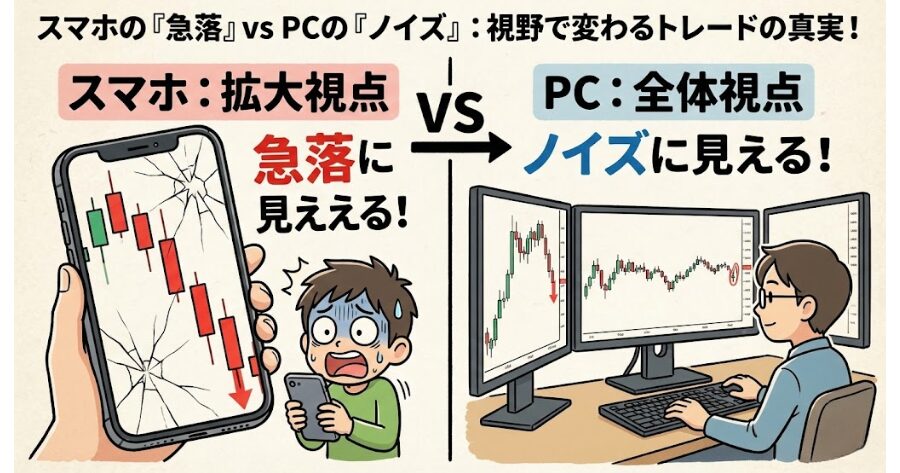 画像挿入指示: スマホ画面（拡大されて急落に見える）と、PC画面（全体が見えてノイズに見える）の比較イメージ図