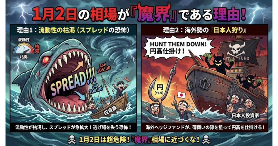 1月2日の相場が「魔界」である理由
についてユニークなイラスト画像