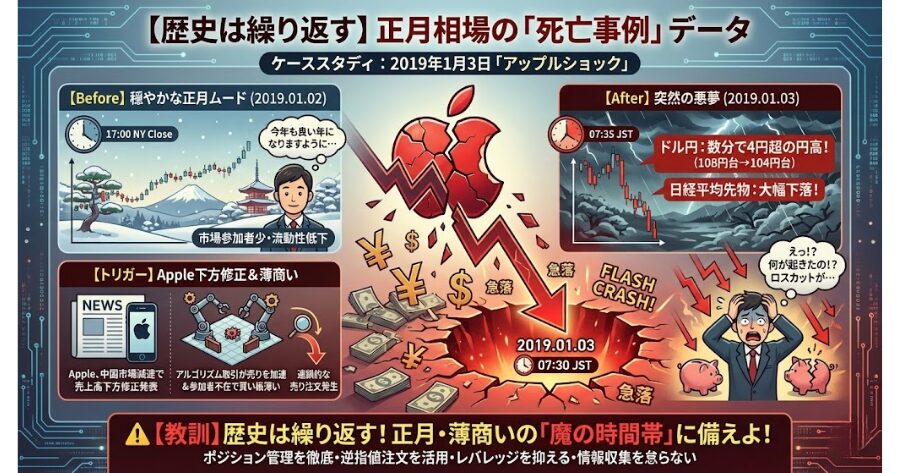 【歴史は繰り返す】正月相場の「死亡事例」データ
アップルショックの例をいれたインフォグラフィック画像