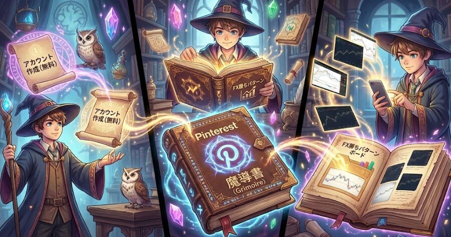 ピンタレストを「魔導書」にする手順
Pinterestのアカウントを作る（無料だ）。
「FX勝ちパターン」というボード（フォルダ）を作る。
さっき撮ったDMMのスクショを、そこにひたすら保存（Pin）していく。
上記についてイラスト画像