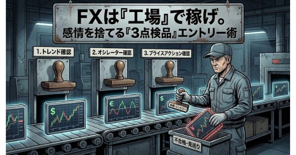 FXは「工場」で稼げ。感情を捨てる「3点検品」エントリー術 工場のベルトコンベアで、無表情で製品を検品している作業員のイラスト画像
