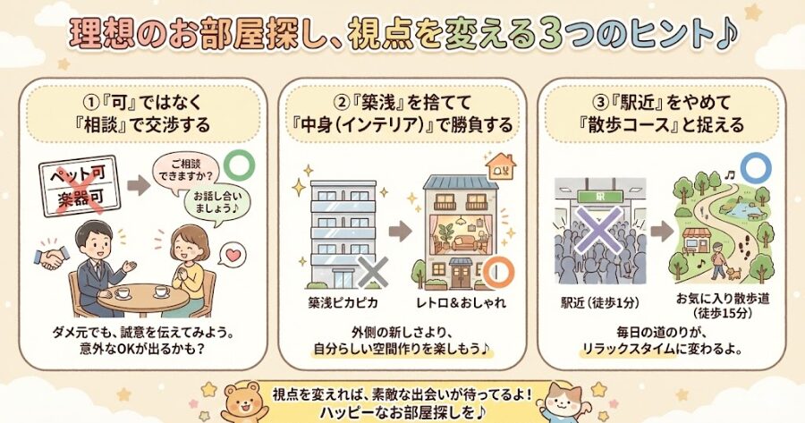 「可」ではなく**「相談」**で交渉する

「築浅」を捨てて**「中身（インテリア）」**で勝負する

「駅近」をやめて「散歩コース」と捉える
インフォグラフィック