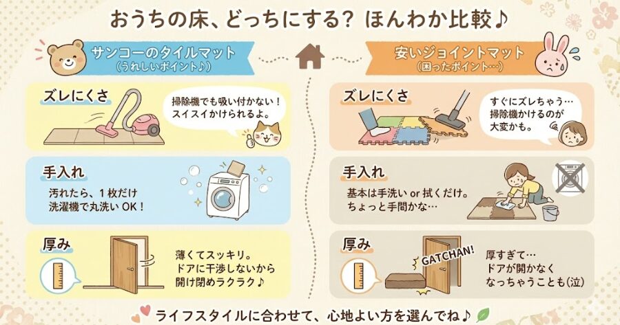 特徴サンコーのタイルマット安いジョイントマットズレにくさ掃除機でも吸い付かないすぐズレる手入れ1枚だけ洗濯機で洗える手洗いor拭くだけ厚み薄くてドアに干渉しない厚すぎてドアが開かない
インフォグラフィック