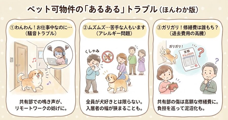 騒音トラブル: 「共有部で犬が吠えて、リモートワーク中の住人と揉める」

アレルギー問題: 「犬好きしか集まらない」とは限らず、入居者の幅を狭めてしまう

退去費用の高騰: 共有部の壁や床が傷ついた場合、その修繕費を誰が負担するのかで泥沼化する
インフォグラフィック