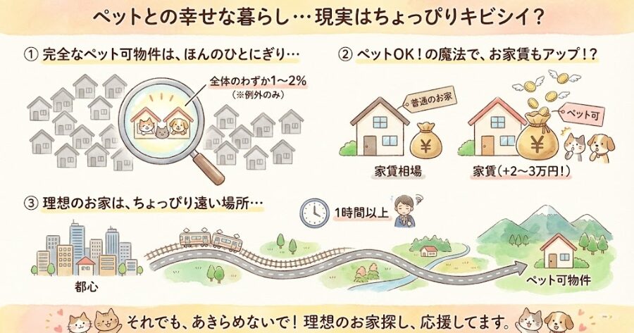完全なペット可物件: 全体のわずか1〜2％（※アパートメントタイプなどの例外のみ）

家賃相場: ペット可になった途端、相場より2〜3万円高い

立地: 都心から1時間以上離れた場所ばかり
インフォグラフィック