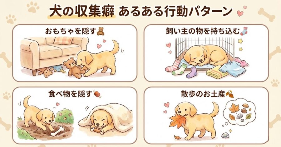 お気に入りのおもちゃ🧸をベッドの下やソファの隙間に隠す
飼い主の靴下🧦やタオル、衣類をケージ(寝床)に持ち込む
ガムや食べ物🍖を庭の土の中や毛布の下に隠して、後でこっそり食べる
散歩で見つけた石ころや葉っぱ🍂などを持ち帰る
インフォグラフィック