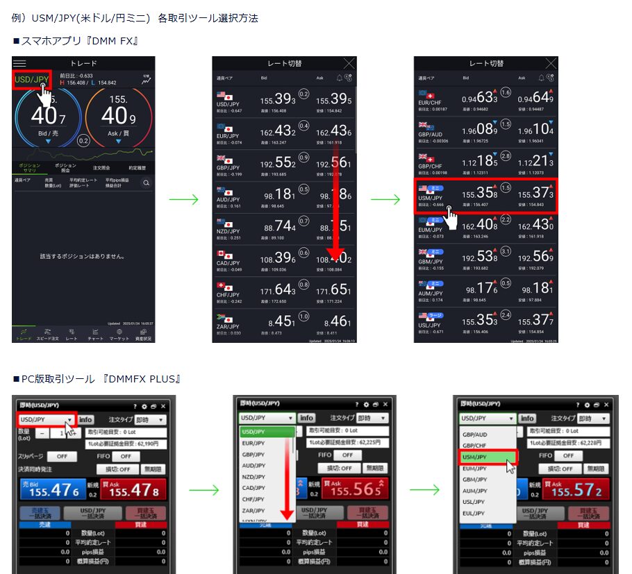 DMM FX PLUSの注文画面で、
通貨ペアをミニ専用を選ぶだけの画面