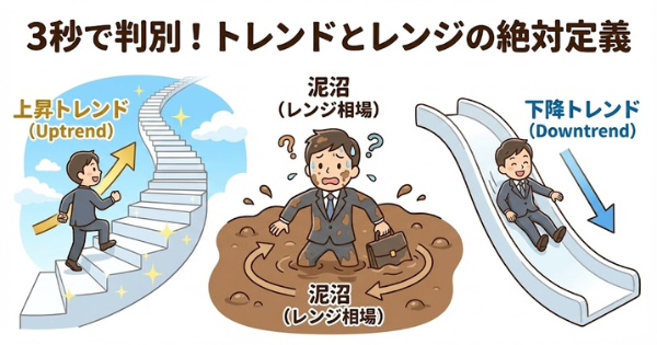 綺麗な「階段（上昇トレンド）」と「滑り台（下降トレンド）」の間に、ドロドロの「泥沼（レンジ相場）」があり、そこでスーツ姿の男性が足を取られて困っているコミカルなイラスト。タイトル文字「3秒で判別！トレンドとレンジの絶対定義