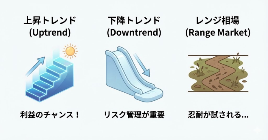  3つの市場構造を並べたシンプルな図解イラスト。左から「上昇トレンド（右肩上がりの階段）」「下降トレンド（右肩下がりの滑り台）」「レンジ相場（一定の幅でジグザグしている泥沼の絵）」とし、それぞれの名称を記載する。