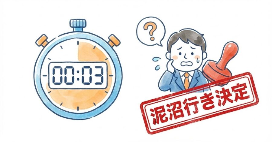 ストップウォッチのイラストと、悩んでいるトレーダーのイラスト。ストップウォッチが「00:03」を示しており、トレーダーの頭の上に大きな「？」マークと「泥沼行き決定」のスタンプが押されているようなコミカルな図。
