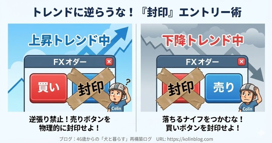 FX取引画面の注文パネルのイラスト。「上昇トレンド中」の文字と共に、「売り（Sell）」ボタンの上にガムテープが貼られて「封印」と書かれている図。逆のパターン（下降トレンドで買いボタン封印）も併記する。