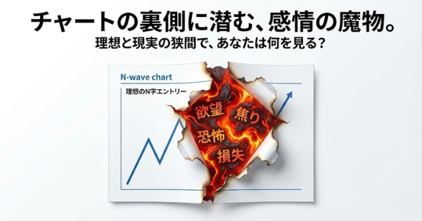 アイキャッチ画像。教科書的なきれいな「N字チャート」の紙が破られ、その奥から「欲望」や「焦り」という文字が書かれたドロドロしたマグマのような本質が見えている、インパクトのあるイラスト。