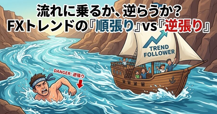 大きな川の流れのイラスト。右方向に激流が流れており、それに乗っている船（順張り）はスムーズに進んでいるが、逆らって泳ごうとしている人（逆張り）が溺れかけている図解。