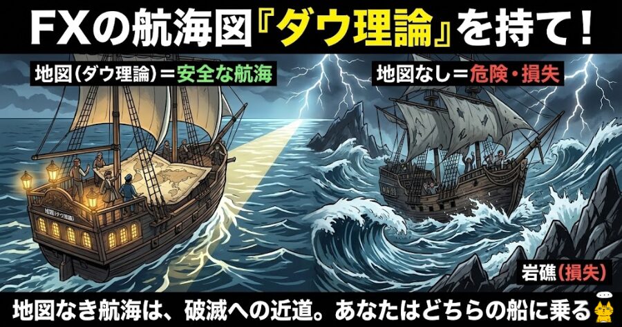  嵐の海を航海する2隻の船。一方は「地図（ダウ理論）」を持っていて安全なルートを進んでいる。もう一方は地図を持っておらず、岩礁に向かって突っ込んでいる図。