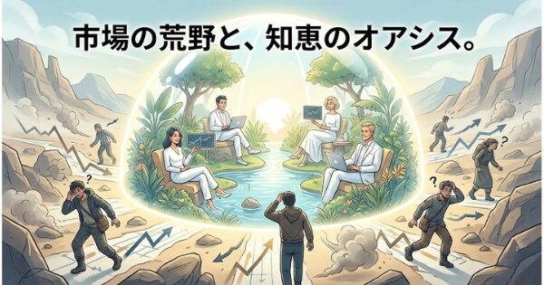 荒野（チャート）の中で、唯一光り輝く安全地帯（オアシス・聖域）があり、プロトレーダーたちがそこで優雅に待ち構えているイラスト。周囲の荒野では初心者が爆発して黒焦げになっている対比図。