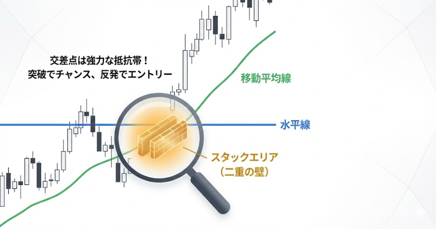 「水平線」と「移動平均線」が交差（クロス）しているポイントを「スタックエリア」として強調したチャート図解。壁が二重になっているイメージ。