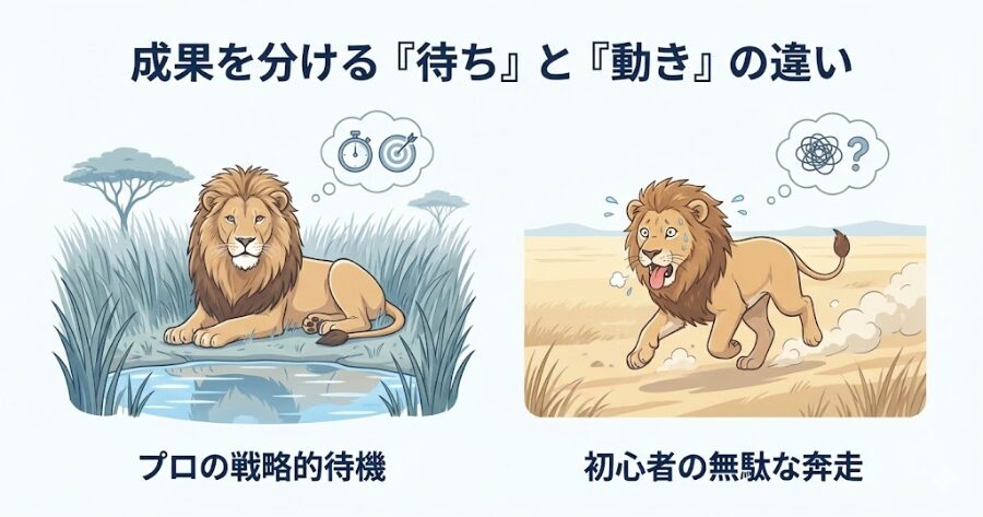 サバンナの水飲み場で、草陰に隠れてじっと獲物を待つライオン（プロ）と、草原を走り回ってヘトヘトになっているライオン（初心者）のイラスト。