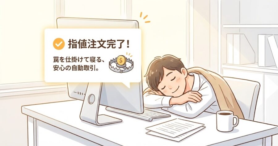  パソコン画面に「指値注文完了」の表示が出ており、本人は安心して仕事（または睡眠）をしているイラスト。「罠を仕掛けて寝る」イメージ。