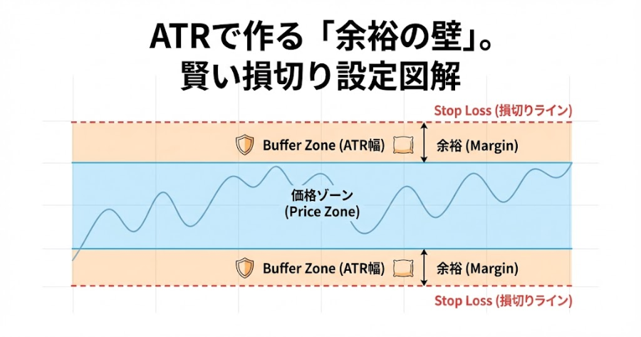 ゾーン（帯）の外側に、ATR分の幅を持たせた「損切りライン（Stop Loss）」を引いている図解。「Buffer Zone」と表記し、余裕を持たせていることを示す。