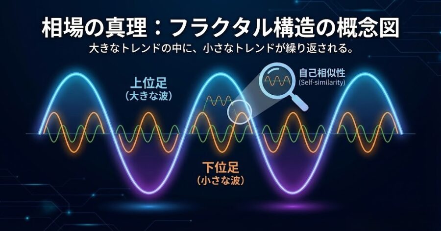 フラクタル構造の概念図：大きな波（上位足）の中に小さな波（下位足）が含まれている様子を示す図解