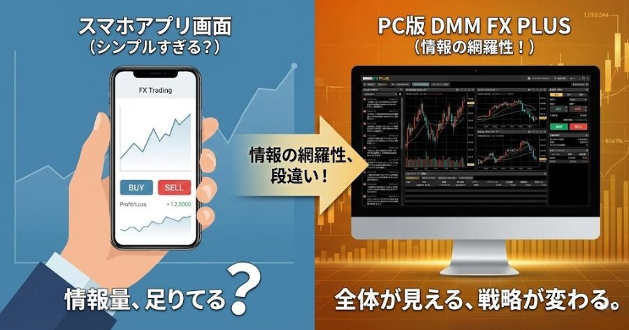 スマホアプリの単一画面と、DMM FX PLUSの多機能レイアウト画面の比較画像。情報の網羅性の違いを強調