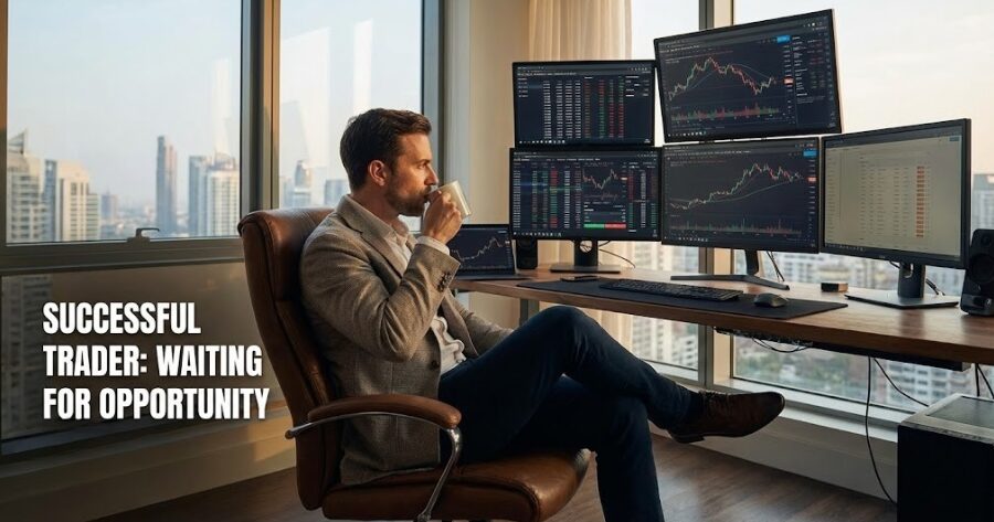 PC画面の前で落ち着いてコーヒーを飲みながら、チャンスを待つトレーダーの姿。成功者の余裕を表現