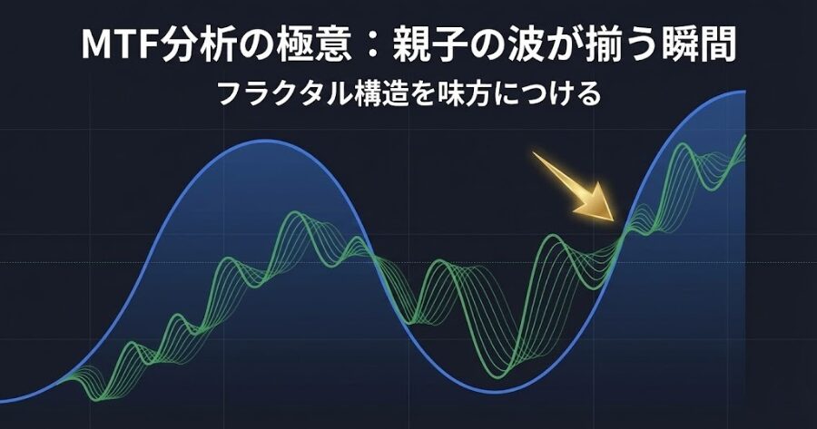 MTF分析のイメージ図：日足の大きな波の中に、下位足の小さな波が含まれているフラクタル構造。親子の方向が一致するポイントを強調