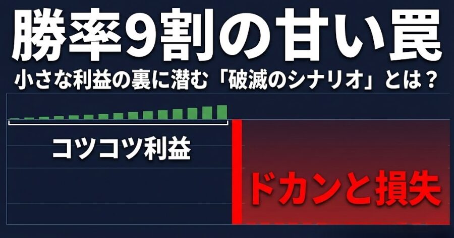 勝率9割の罠を示すグラフ。小さな利益の積み重ねが、たった一度の巨大な損失でマイナスに転落する「コツコツドカン」のイメージ図