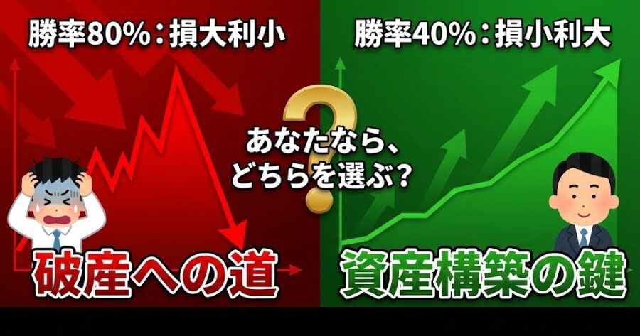 勝率80%の損大利小トレーダーと、勝率40%の損小利大トレーダーの資産推移比較グラフ。勝率が低くても右肩上がりになる様子