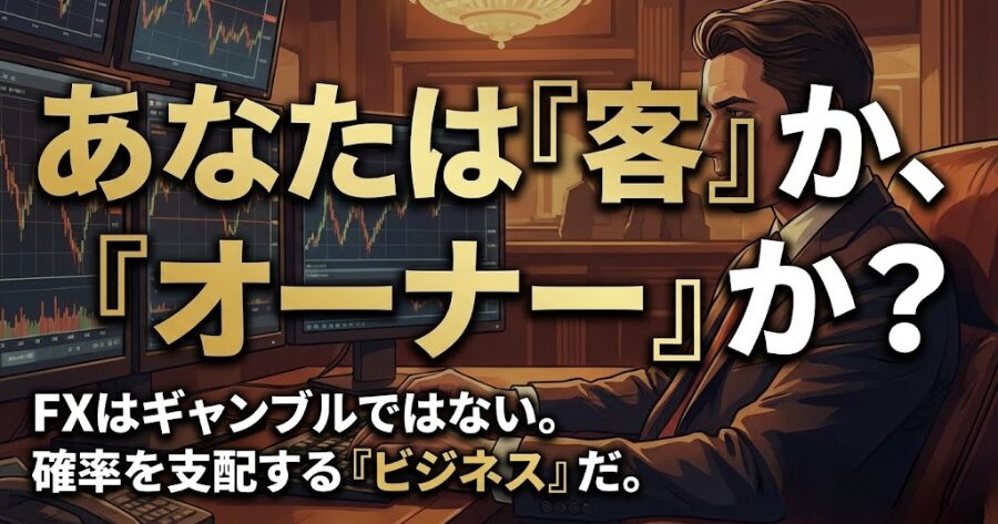 カジノのオーナーのように冷静にモニターを見つめるトレーダーのイラスト。一時の勝ち負けに動じないプロのメンタルを表現