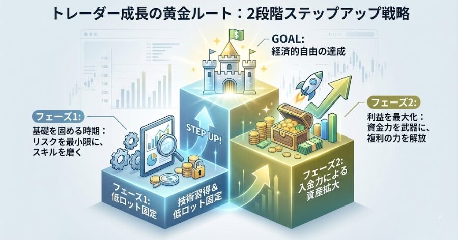 フェーズ1（技術習得・低ロット固定）とフェーズ2（入金力による資産拡大）のステップアップを示した図解。階段状に成長するイメージ