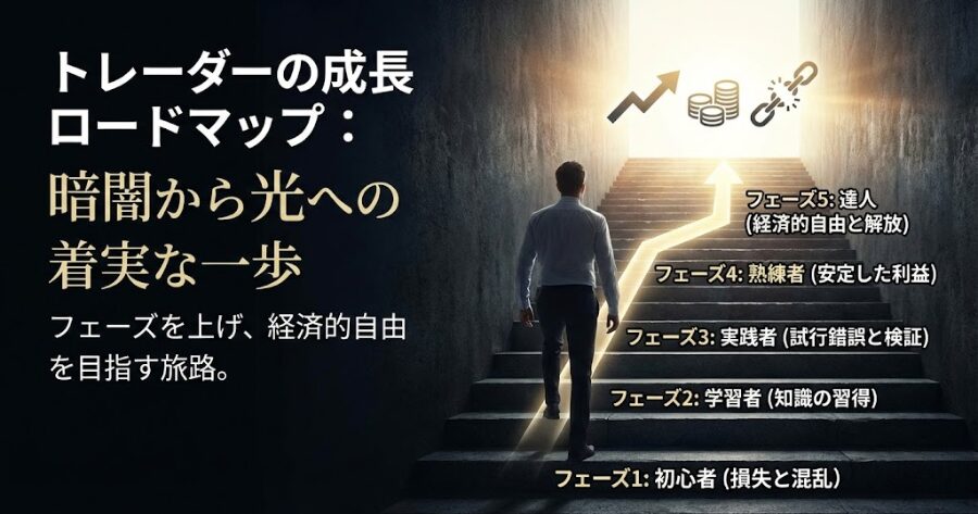 暗い地下から光の射す地上へ続く階段を登るトレーダーの後ろ姿。一歩ずつ着実にフェーズを上げていくイメージ