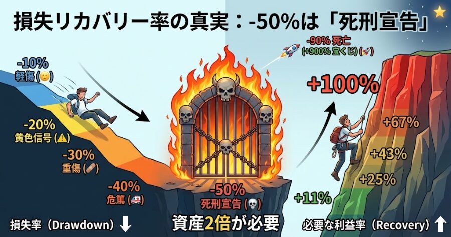 損失率と回復に必要な利益率の対照表。損失が20%を超えたあたりから、回復に必要な利益率が指数関数的に急上昇するカーブを描いたグラフ